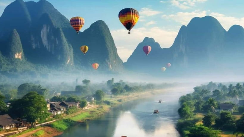 Vang vieng: Longtail boat&Hot Air Balloon&hotel pick-up - The Nam Song by longtail boat